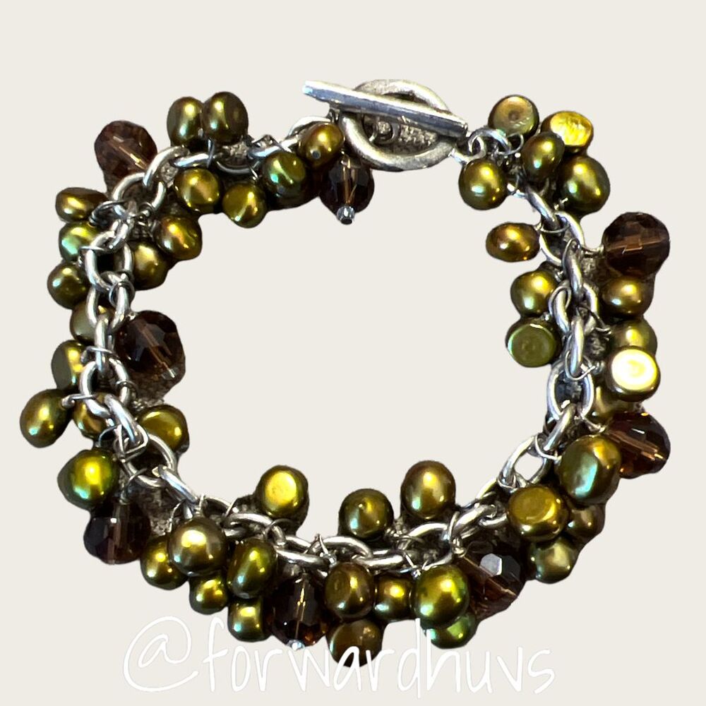 Faux Pearl Brown Crystal Cluster Charm Bracelet Silver Tone Olive Green